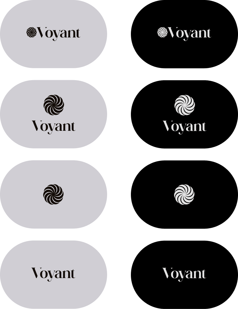 Varijante Voyant logotipa — osnovna, simbol, negativ