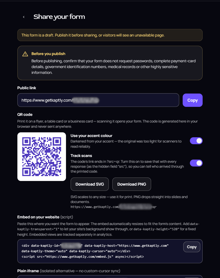 Kaptly ekran za deljenje sa javnim linkom, opcijama za QR kod i skriptom za ugradnju na sajt
