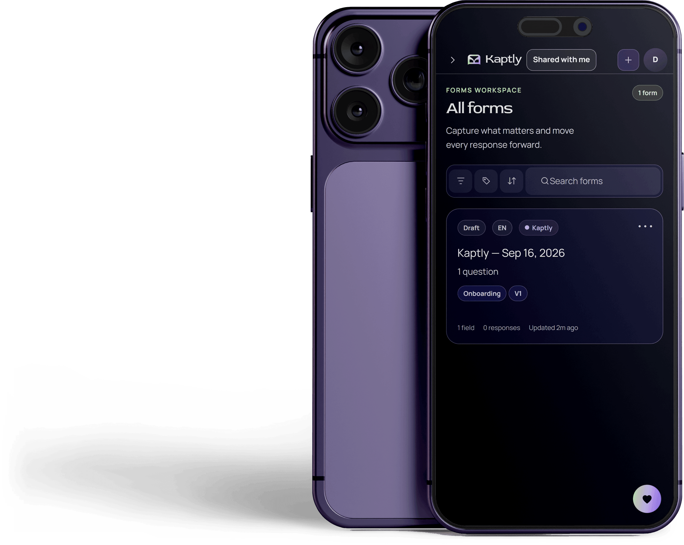 iPhone prikazuje Kaptly radni prostor sa formama, pretragom, filterima i označenom formom u nacrtu