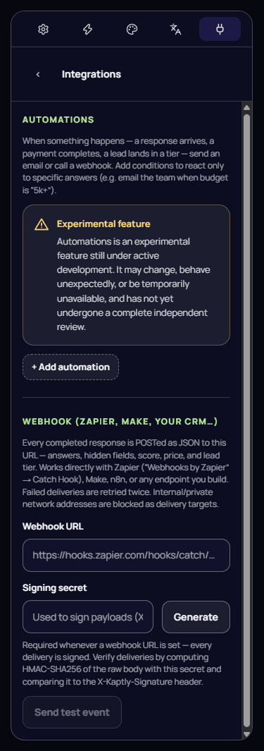 Kartica integracija u Kaptly panelu sa alatima: automatizacije i potpisani webhook za Zapier, Make ili CRM
