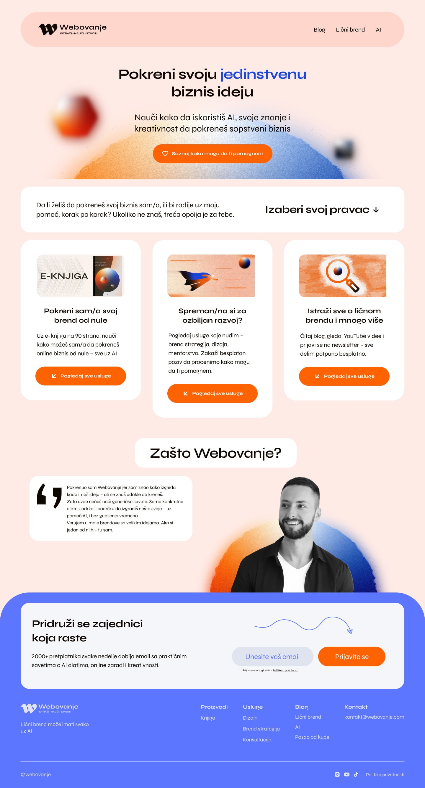 Sajt, završna verzija — bledoroze podloga, ponuda u tri kolone i blok zajednice