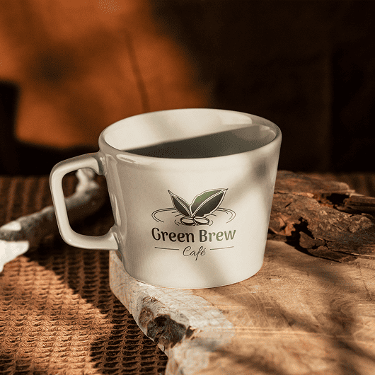 Green Brew Café logo on ceramic coffee cup mockup in a warm café setting