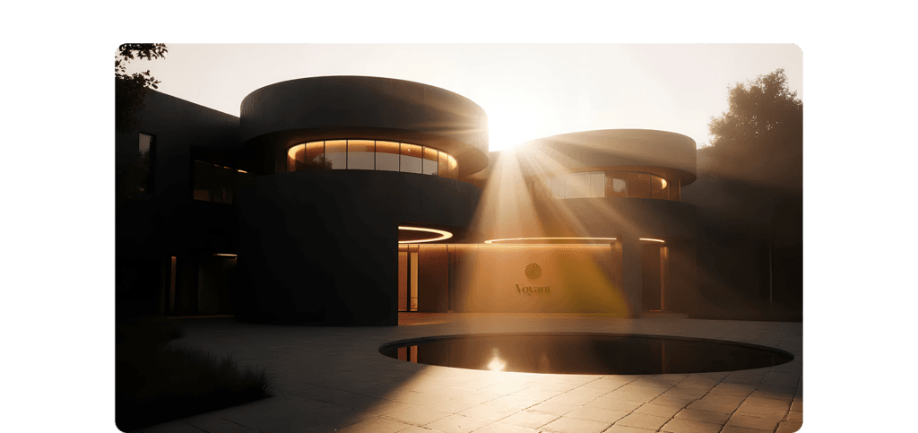 Modern architectural building with Voyant branding and cinematic lighting – Studio Šterijev.