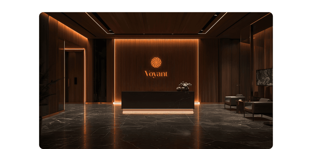Luxury building reception with illuminated Voyant branding – Corporate identity design.