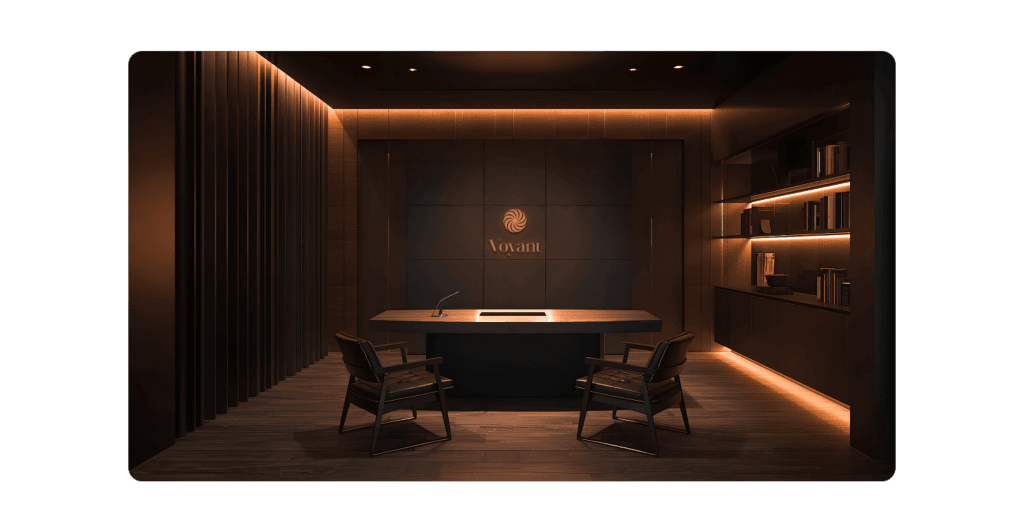 Modern office interior design featuring the Voyant logo – Corporate branding by Studio Šterijev.