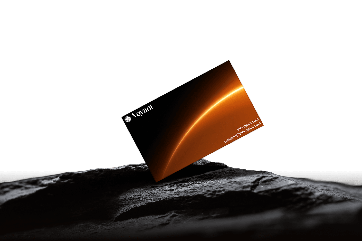 Premium business card design for Voyant on stone texture – Luxury print materials.