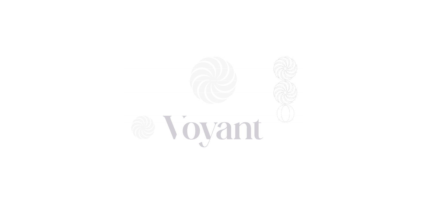 Technical display of proportions and construction grid for the Voyant logo for precise application.