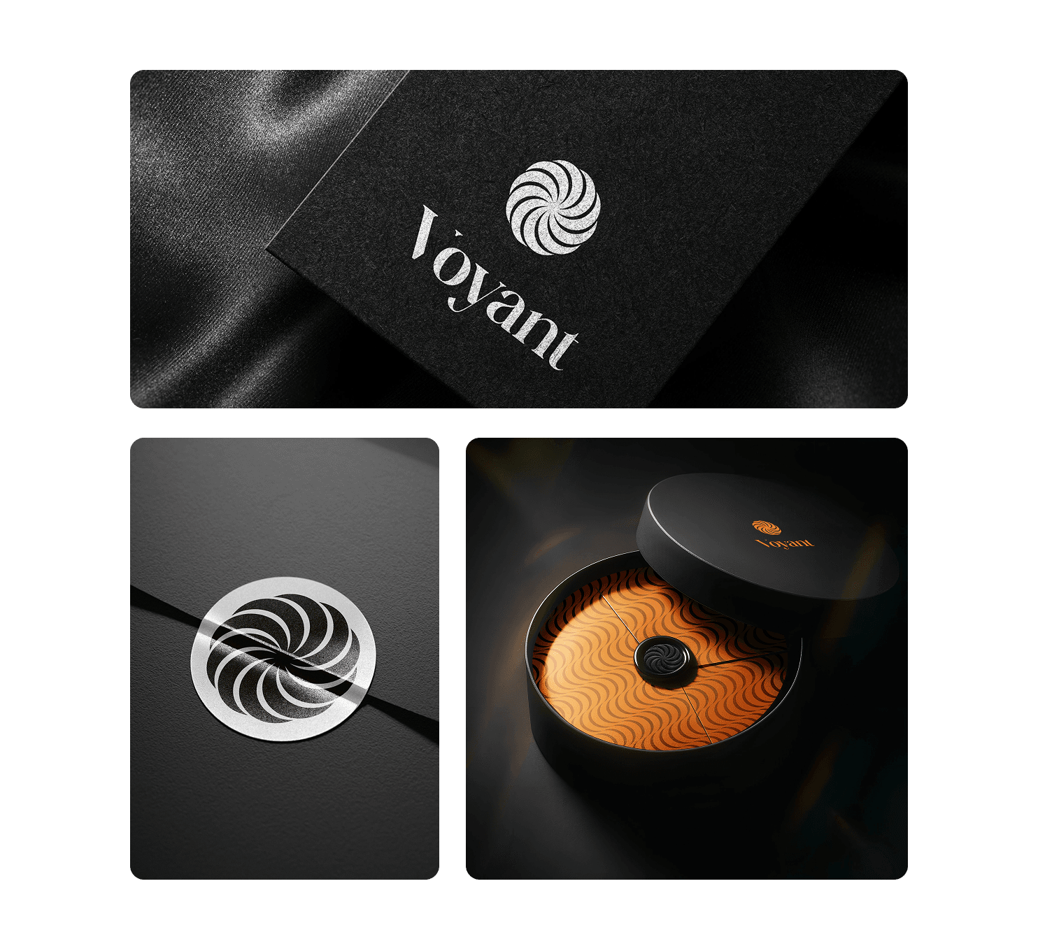 Voyant logo applied on luxury packaging and business materials, designed by Studio Šterijev.