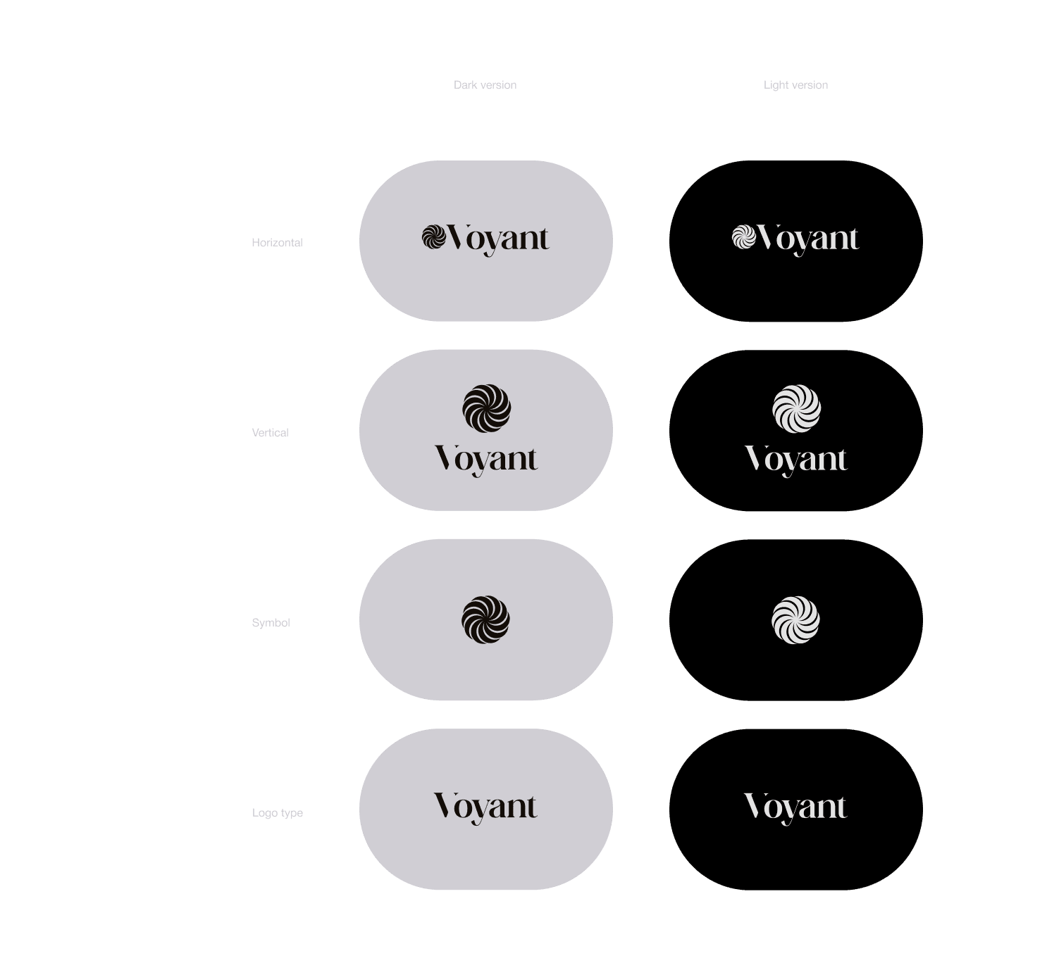 Different variants of the Voyant logo, including primary logo, symbol, and negative versions for maximum flexibility.