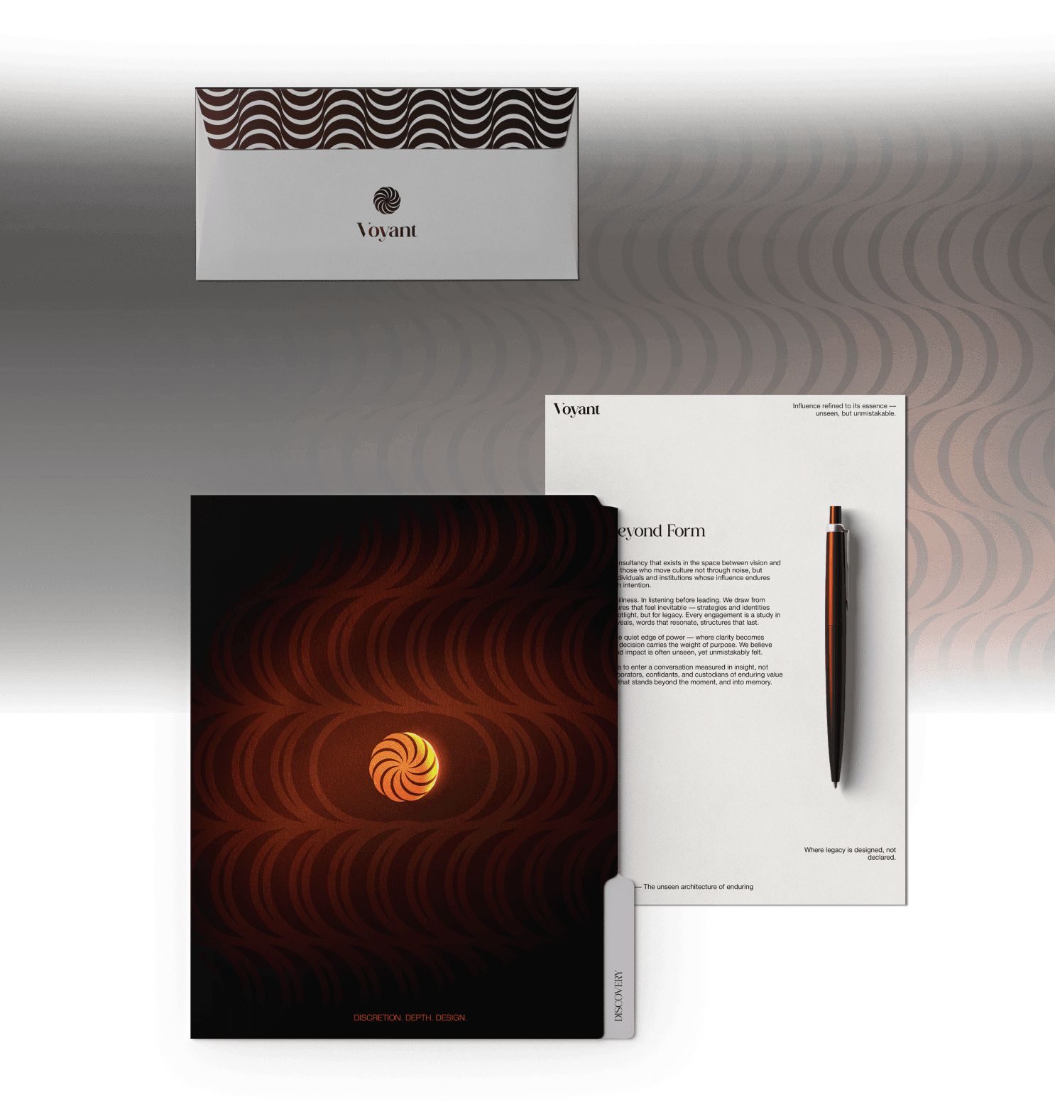 Design of letterheads, envelopes, and folders for Voyant, complete brand stationery suite.