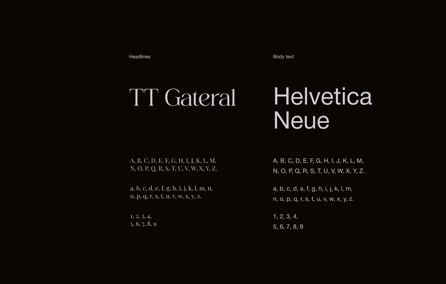 Selection of primary typography TT Gateral and secondary font Helvetica Neue for Voyant premium brand identity.